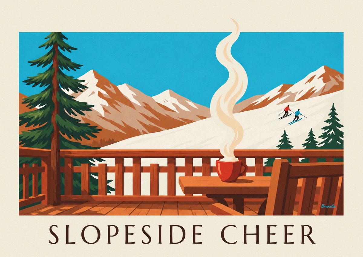 Affiche chocolat chaud en terrasse au pied des pistes