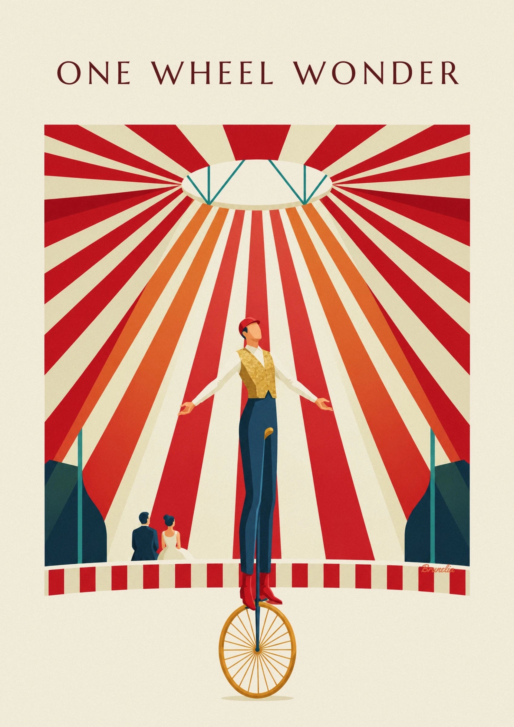 The acrobat in a gold waistcoat and blue trousers with arms outstretched beneath the striped big top