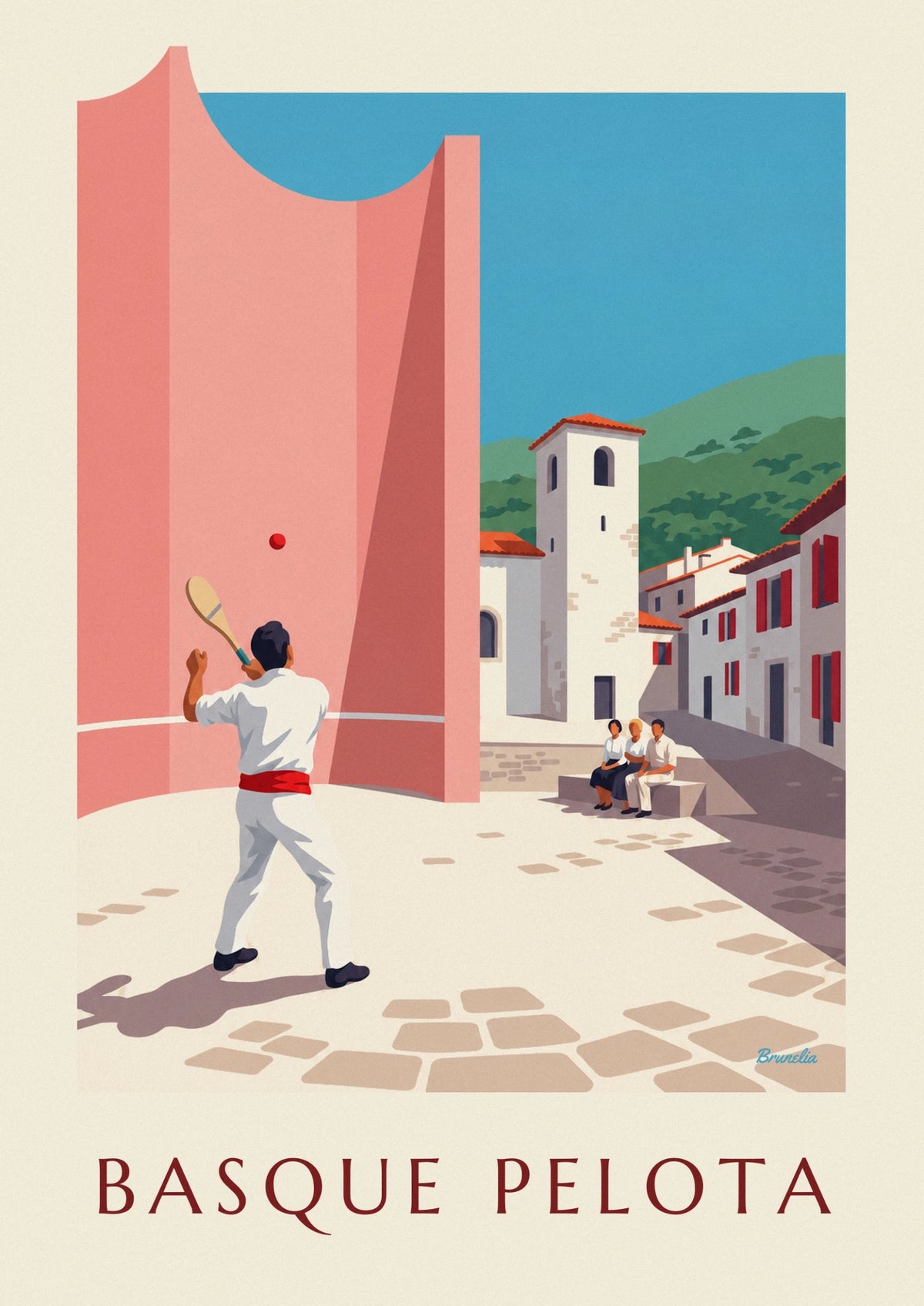 Affiche joueur de pelote basque devant le fronton du village