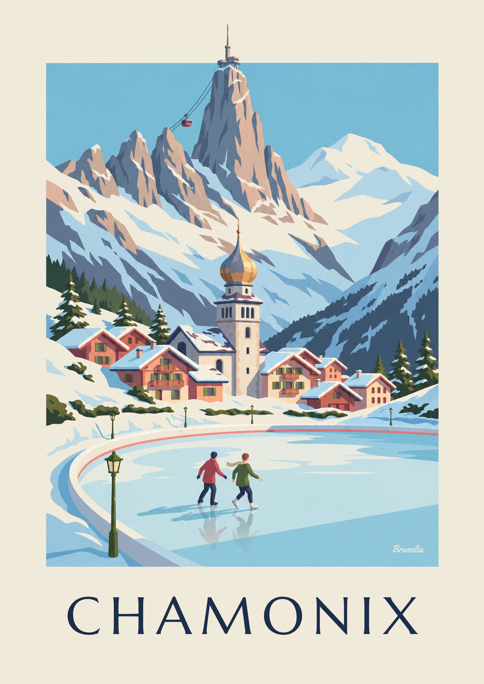The 2 skaters in red and green coats and their reflections on the blue-tinged ice
