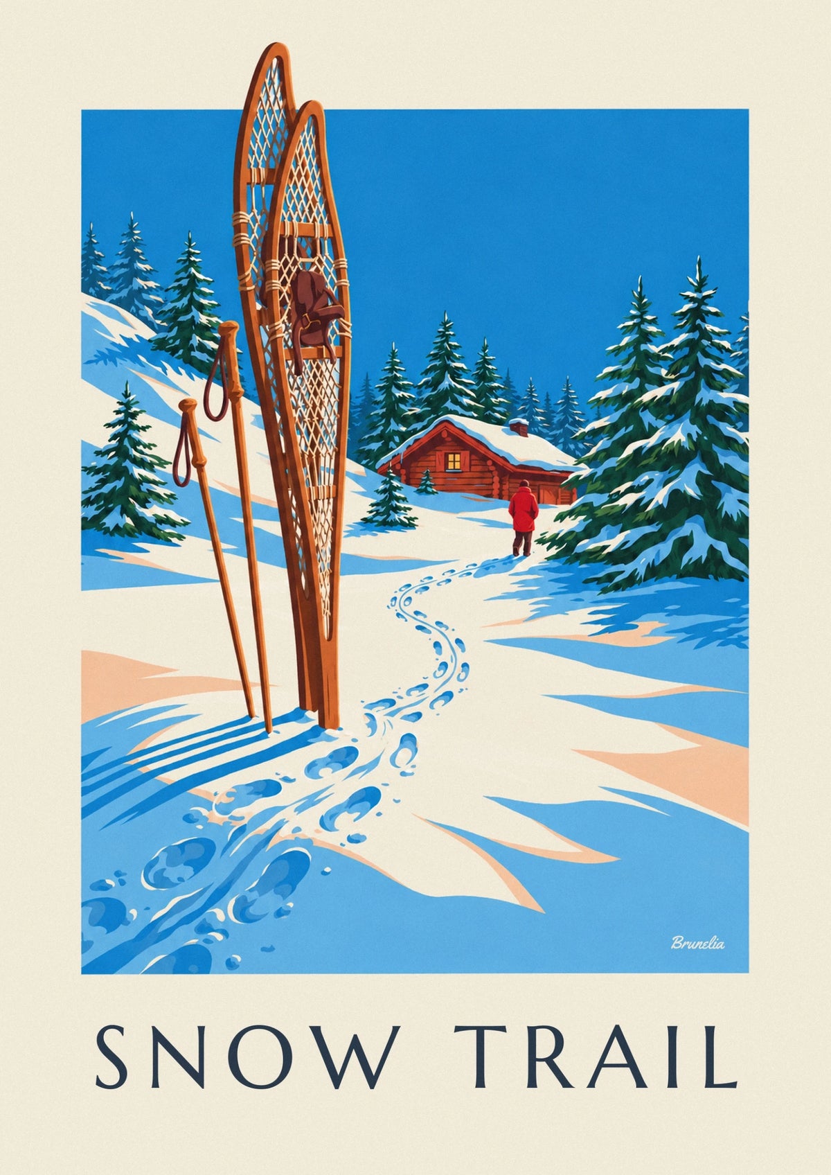 Affiche raquettes à neige en bois devant un chalet de montagne