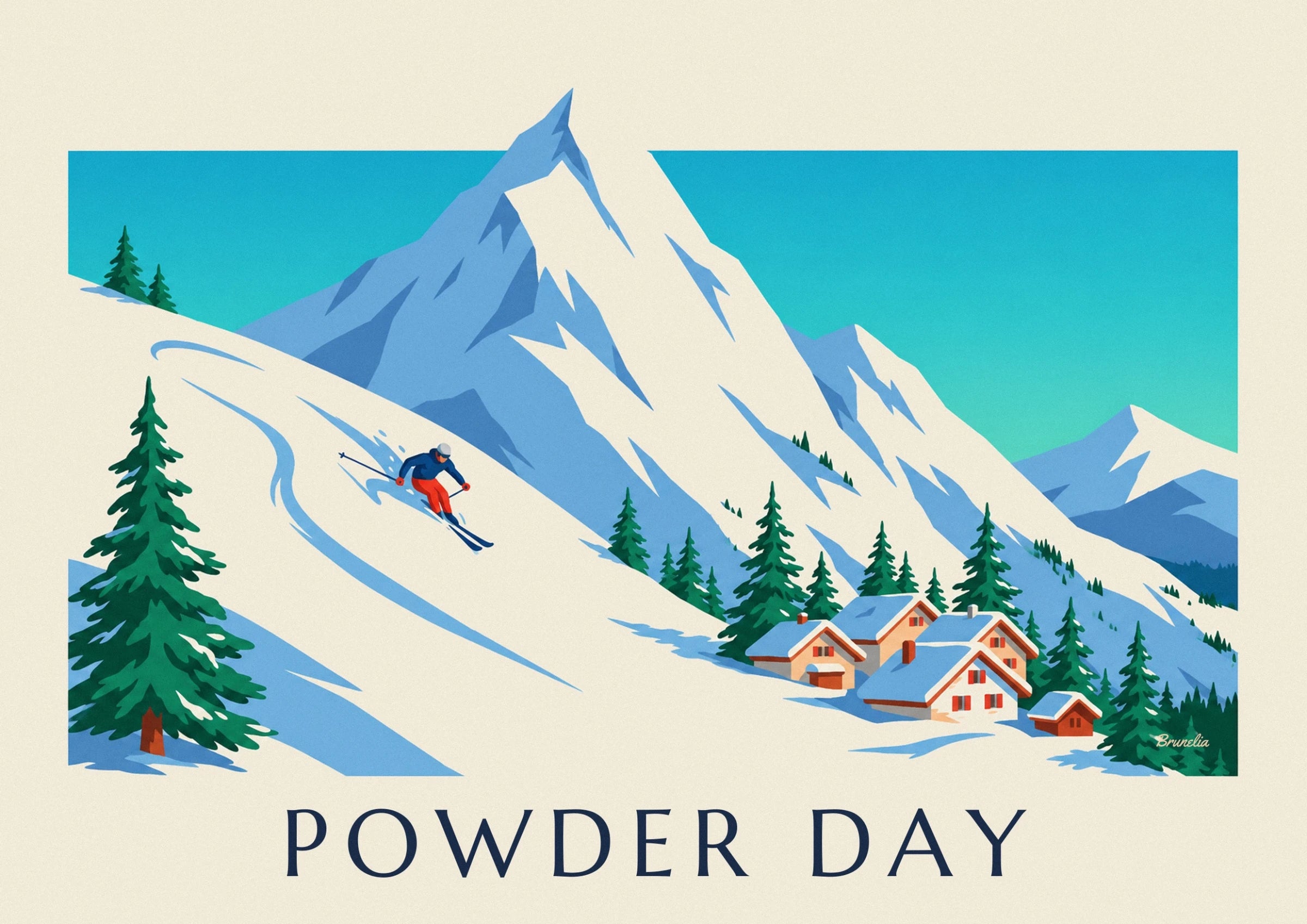 The skier in red trousers and a blue jacket in powder snow with azure shadows
