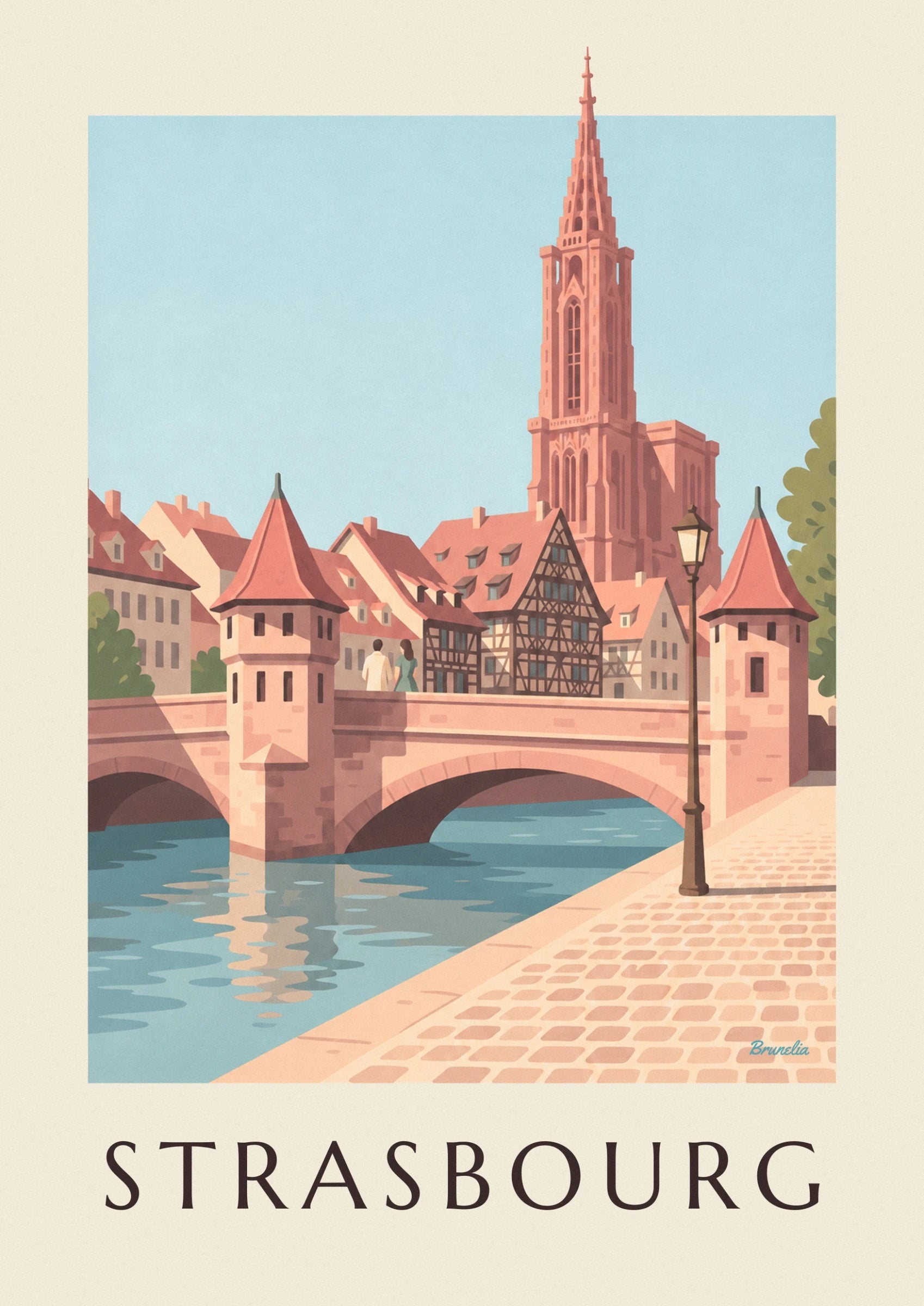 La flèche rose de la cathédrale de Strasbourg au-dessus des toits et d’un réverbère