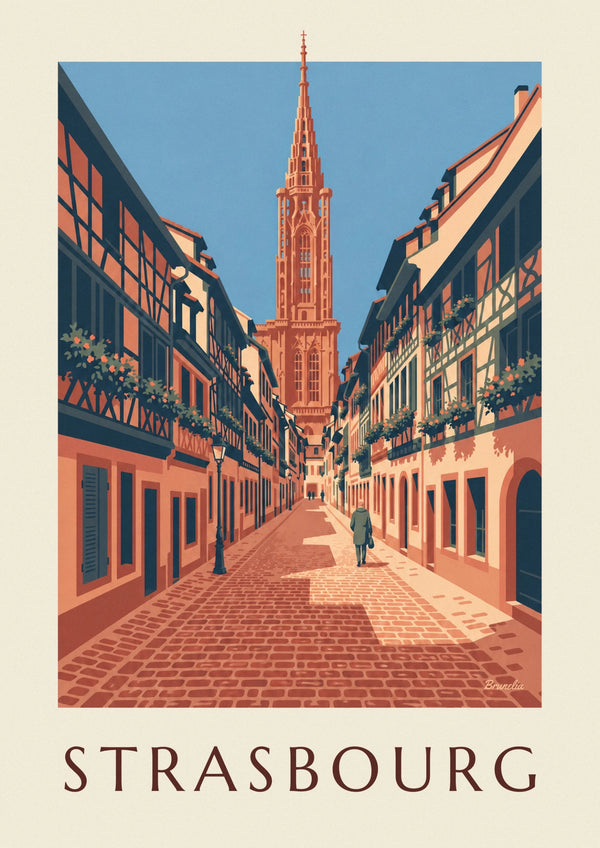 Affiche ruelle pavée et cathédrale du vieux Strasbourg