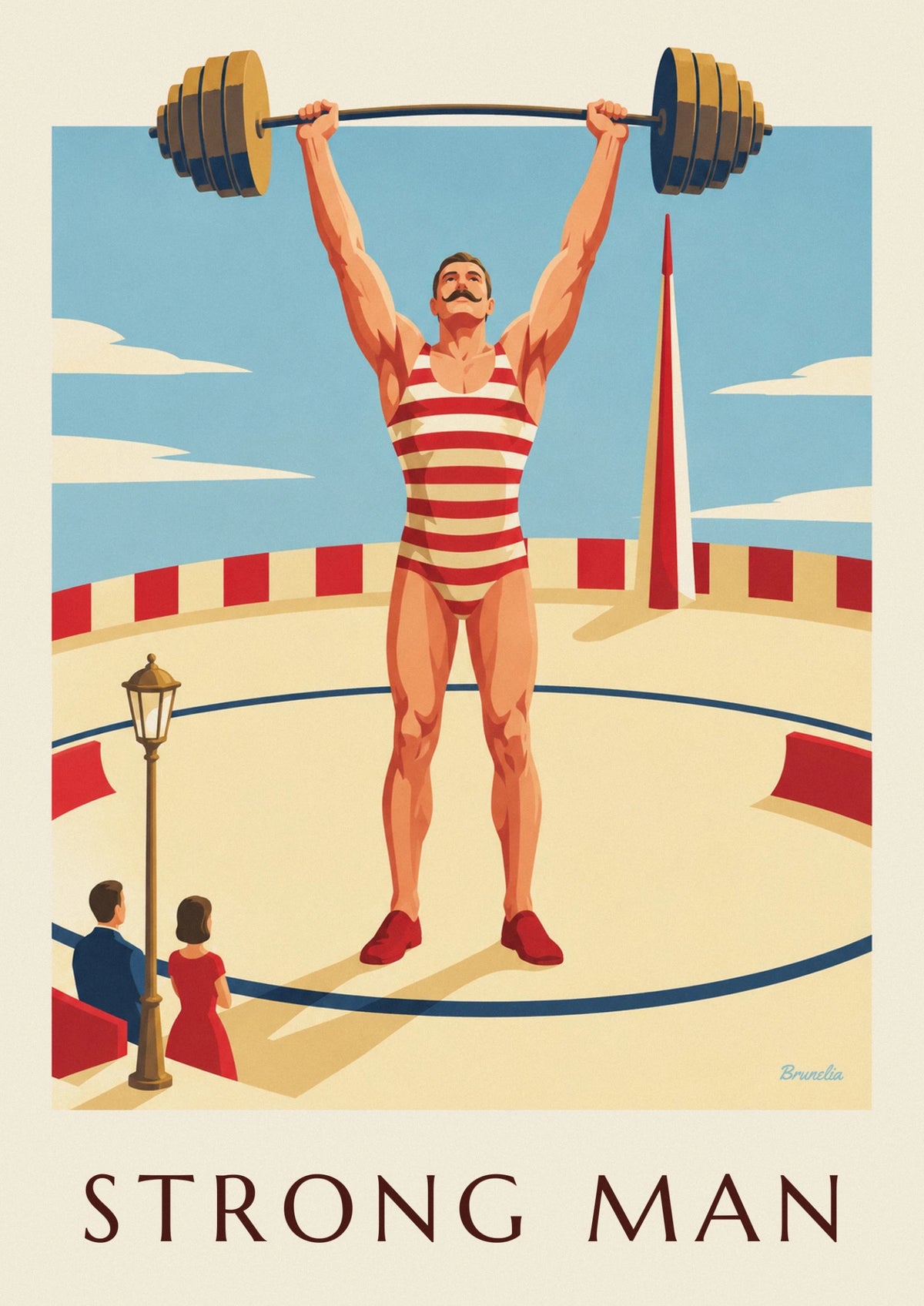 Affiche homme fort de cirque soulevant un haltère