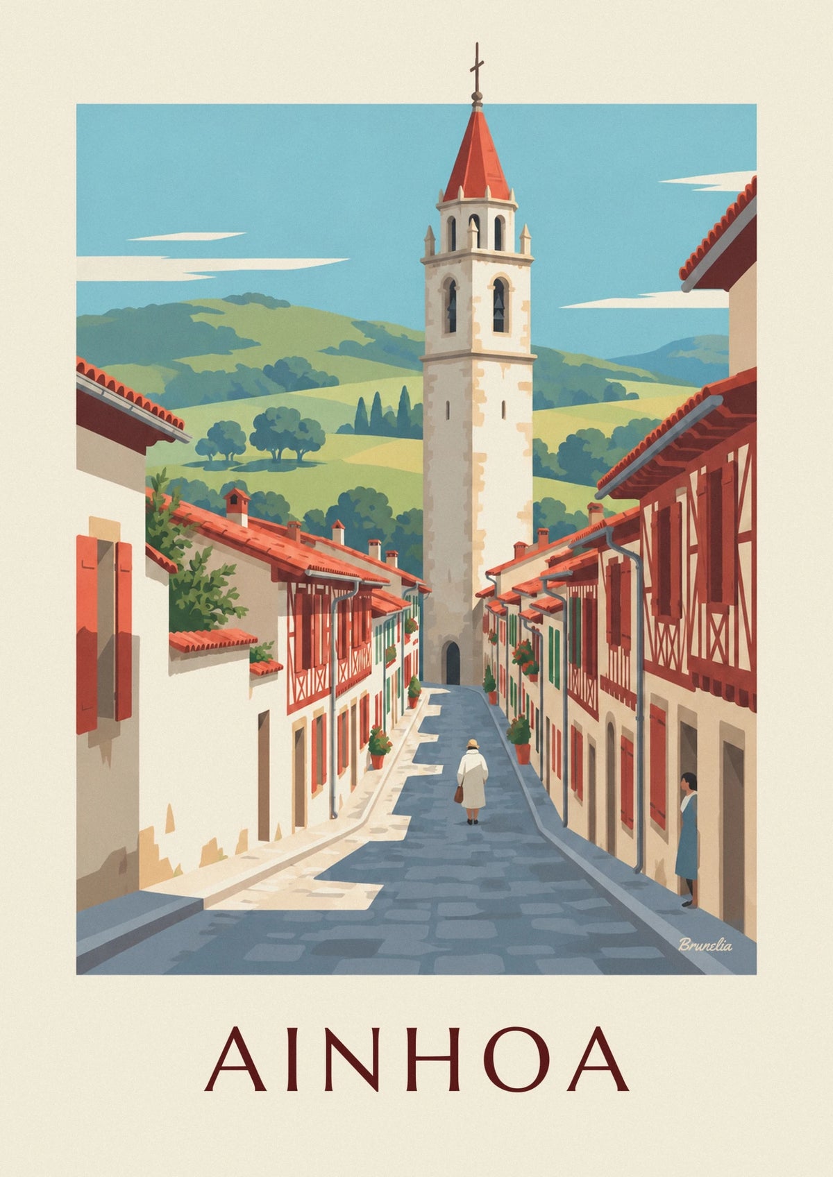 Affiche rue de maisons blanches et rouges d'Ainhoa