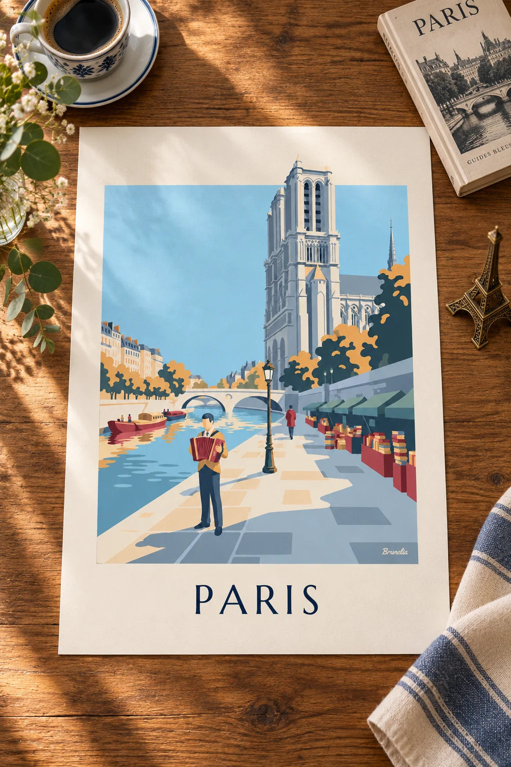 Affiche accordéoniste sur un quai de Seine à Paris : posée sur une table