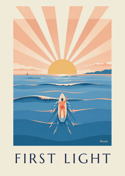 Affiche surfeur ramant vers le large au lever du jour : l'affiche entière