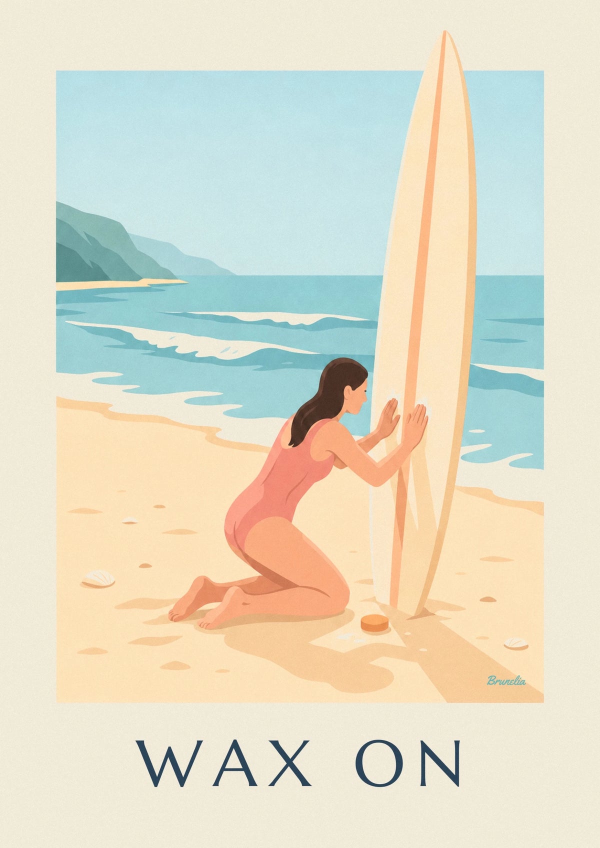 Affiche surfeuse cirant sa planche sur la plage avant la session