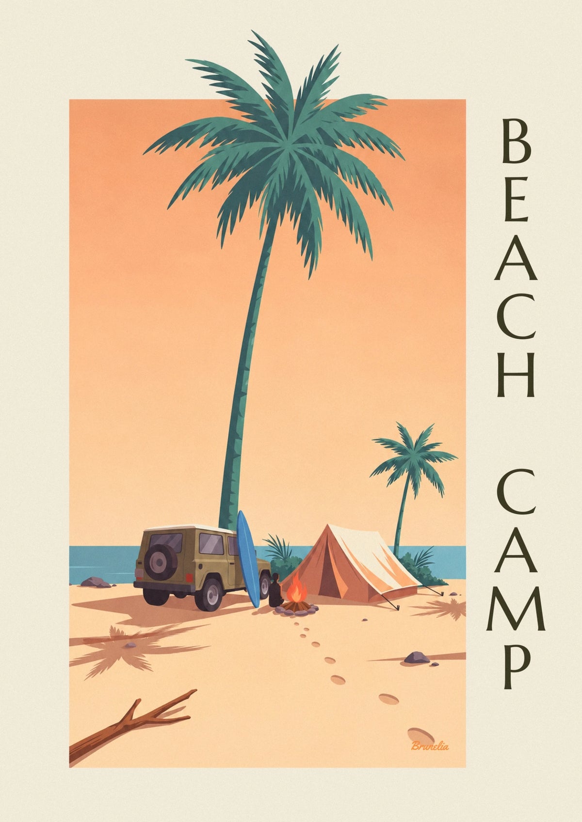 Affiche camping de plage avec 4x4, tente et planche de surf : l'affiche entière