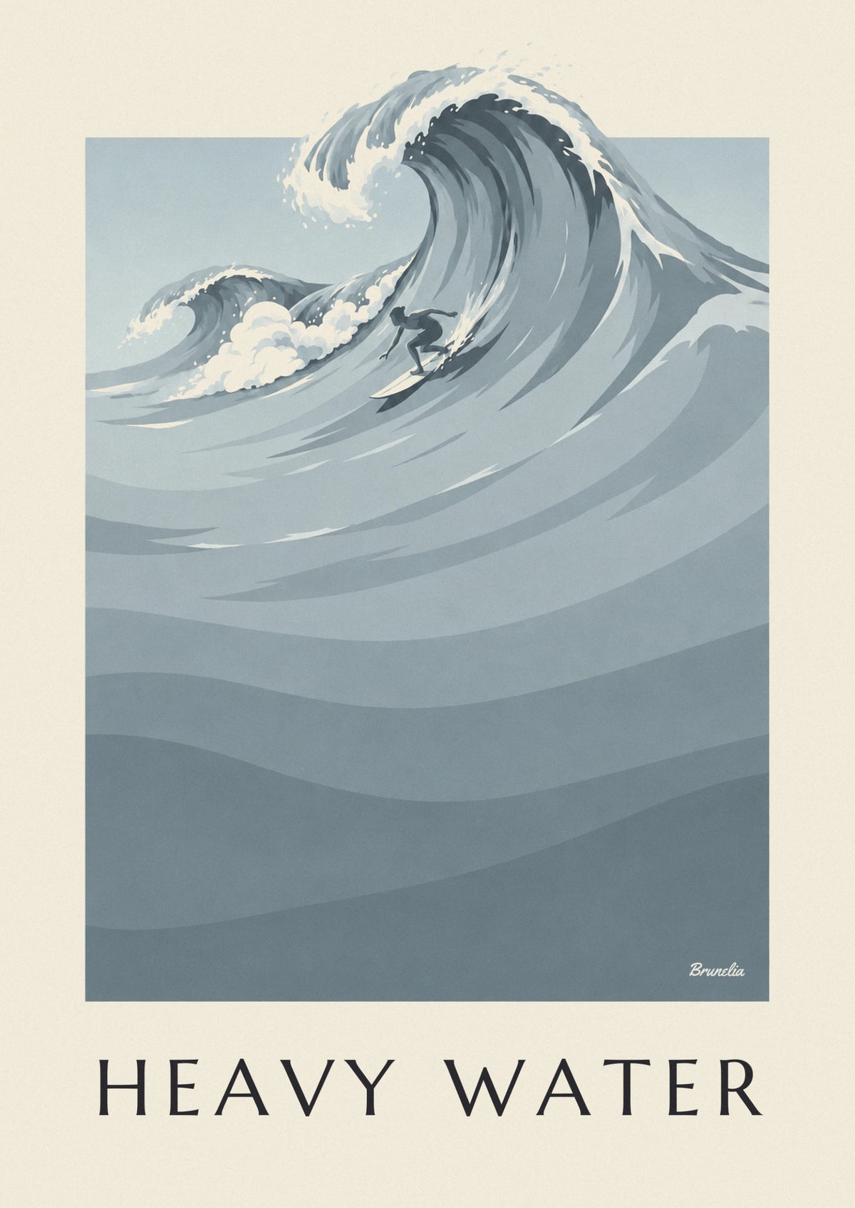 Affiche surfeur et grosses vagues en noir et blanc : l'affiche entière
