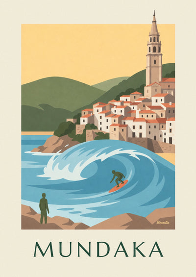 Affiche surfeur sur la vague de Mundaka en Biscaye : l'affiche entière