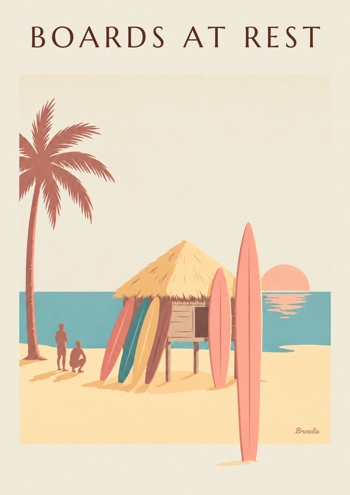 Affiche planches de surf contre une paillote au coucher du soleil