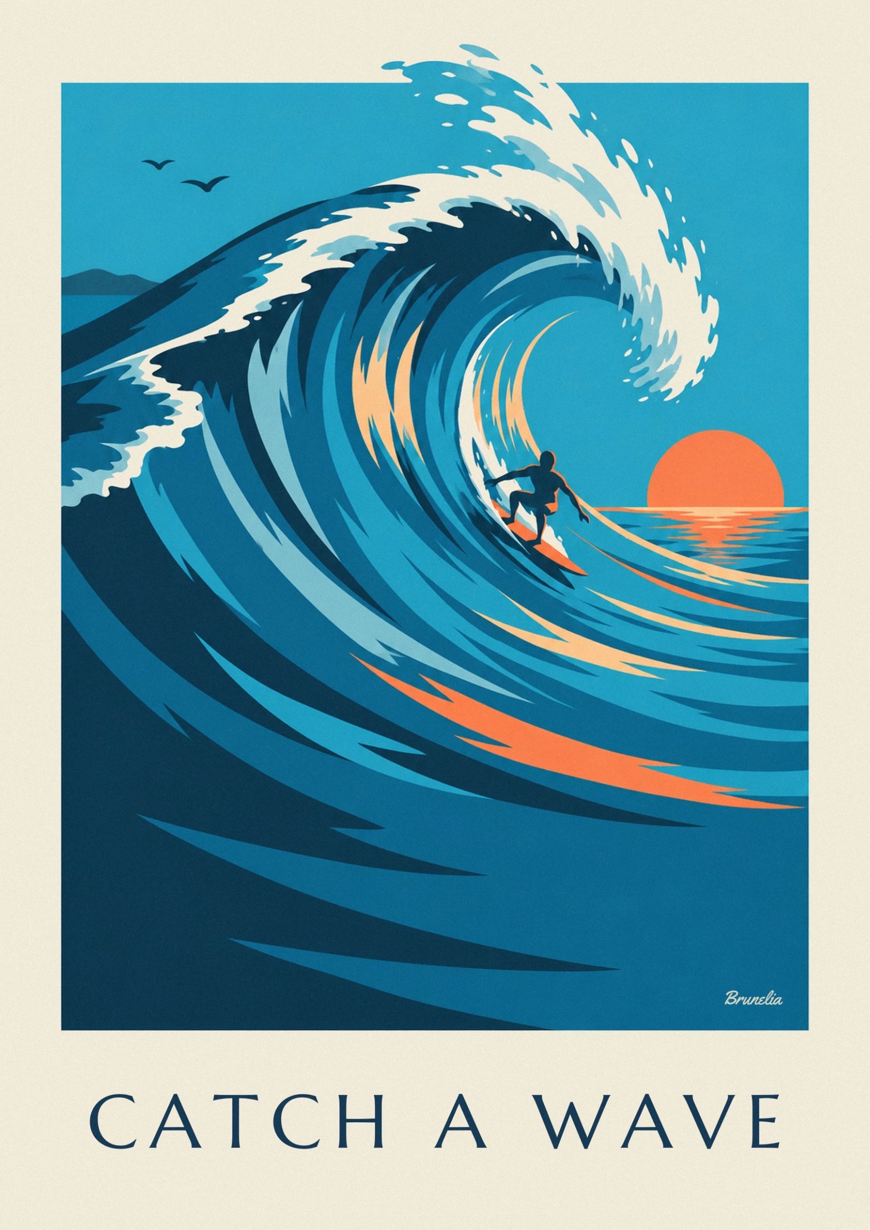 Le surfeur sur sa planche orange au creux d'une vague bleue bordée d'écume blanche