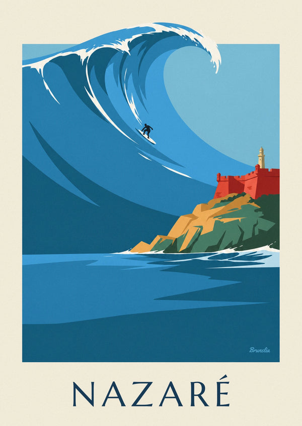 Poster de surfista na onda gigante da Nazaré, em Portugal