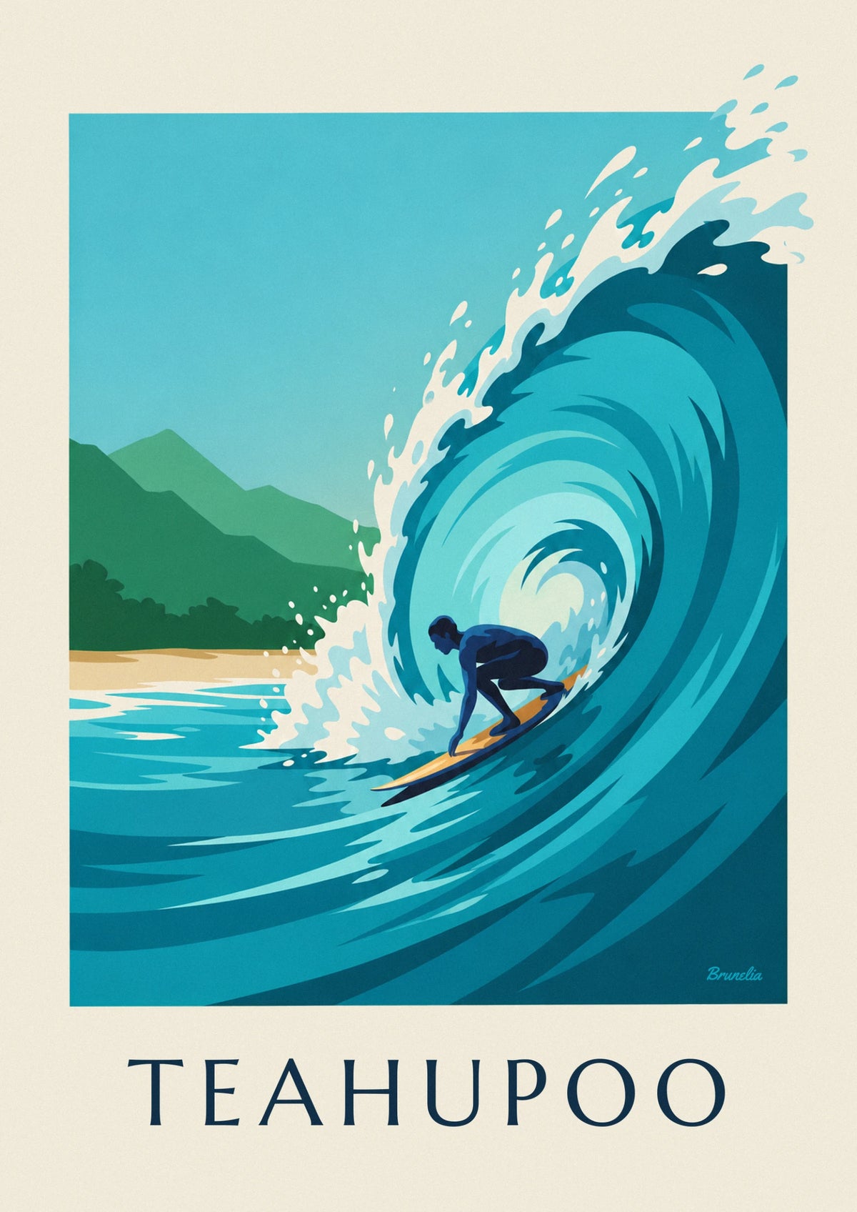 Affiche surfeur dans le tube de la vague de Teahupoo à Tahiti
