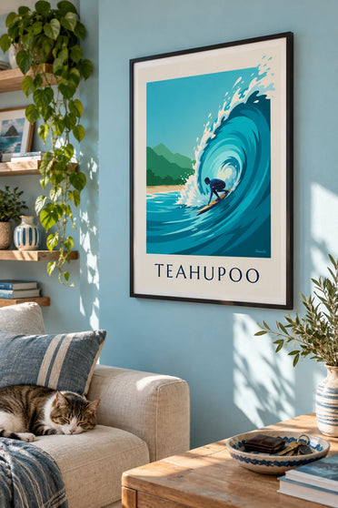 Affiche surfeur dans le tube de la vague de Teahupoo à Tahiti : encadrée au mur
