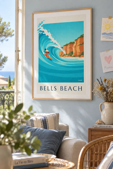 Affiche surfeur sur la vague de Bells Beach en Australie : encadrée au mur