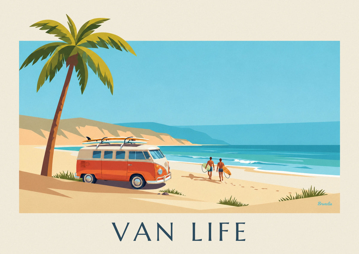 Affiche van aménagé et surfeurs sous les palmiers au couchant