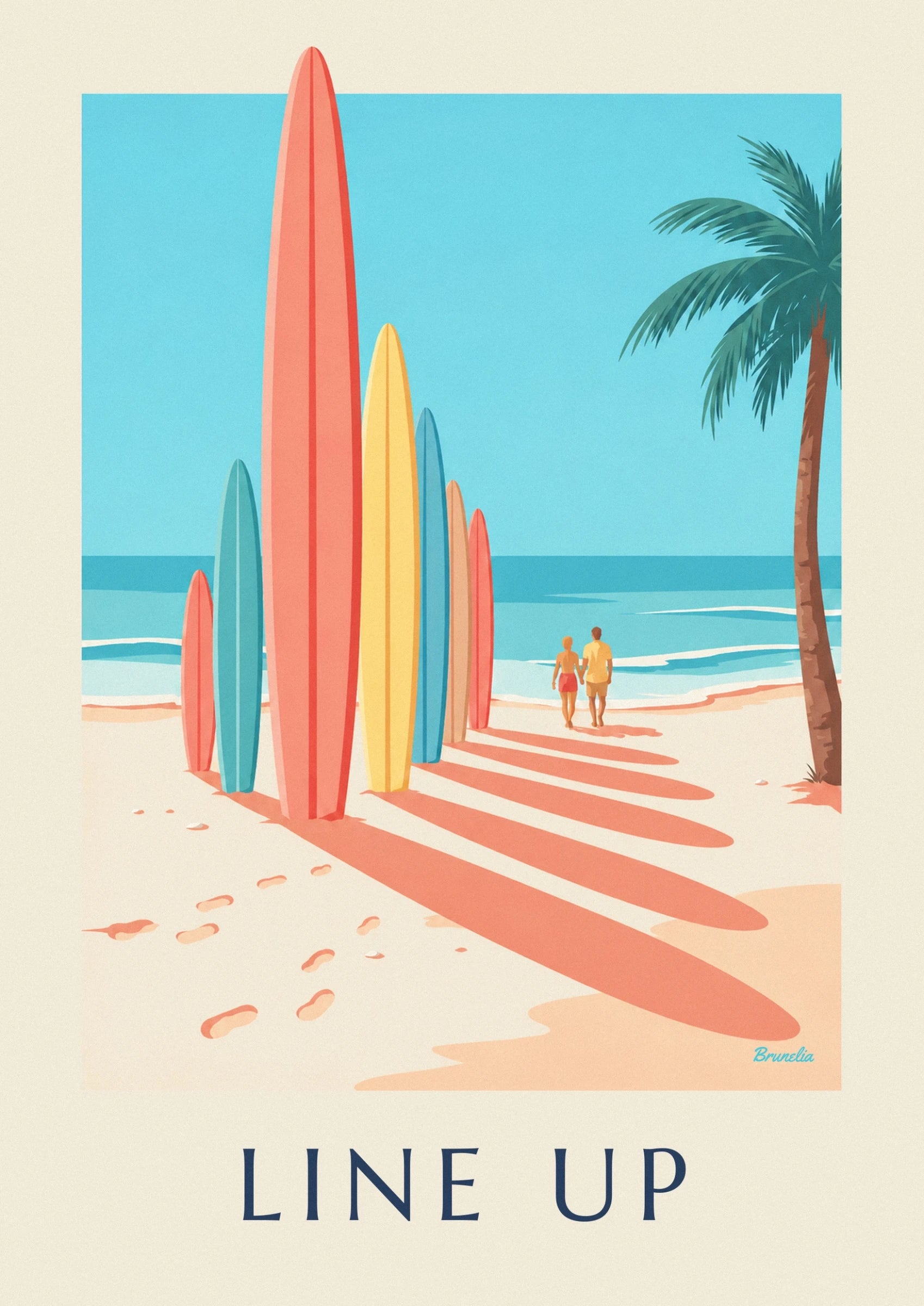 The coral, yellow and turquoise surfboards lined up on the sand