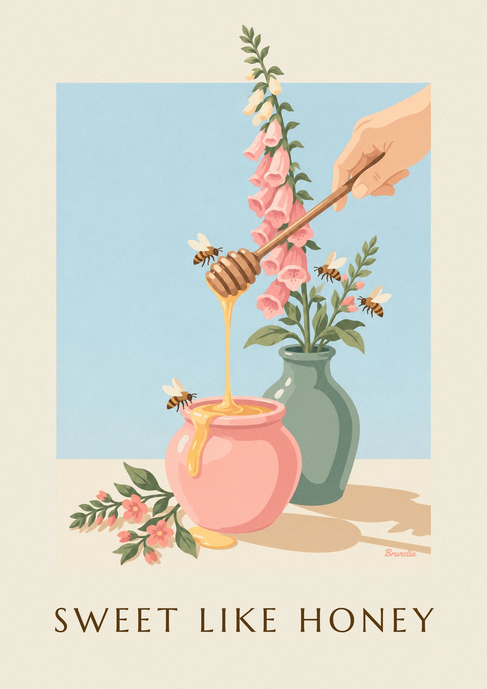 The pink pot overflowing with golden honey, with a bee near the rim