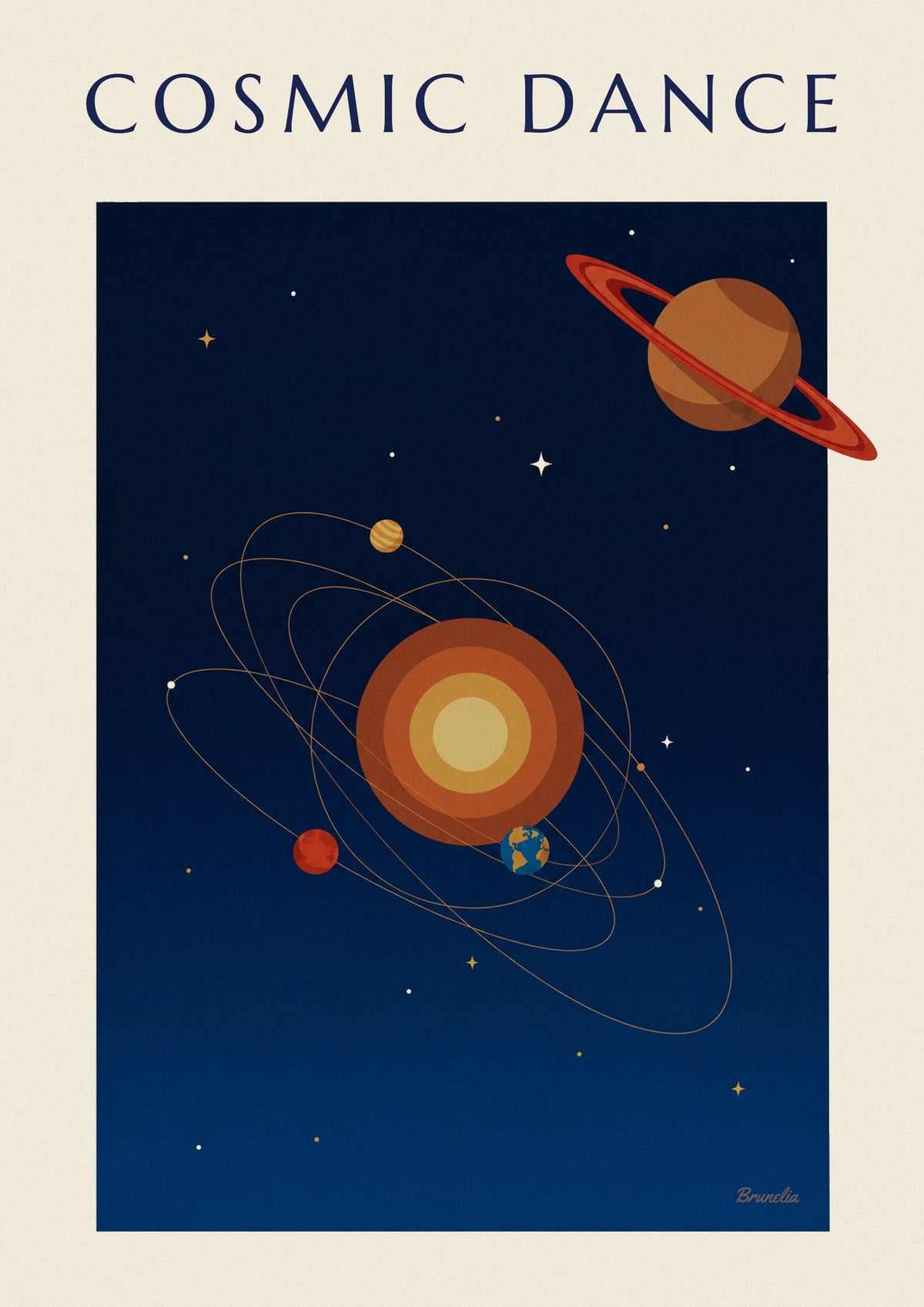 Affiche Saturne et planètes en orbite autour du Soleil sur fond bleu nuit