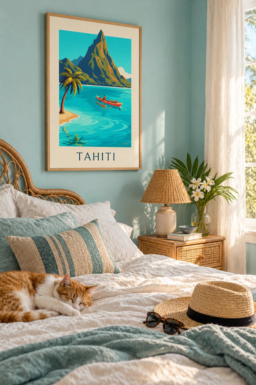 Affiche pirogue polynésienne sur l'océan à Tahiti : encadrée au mur