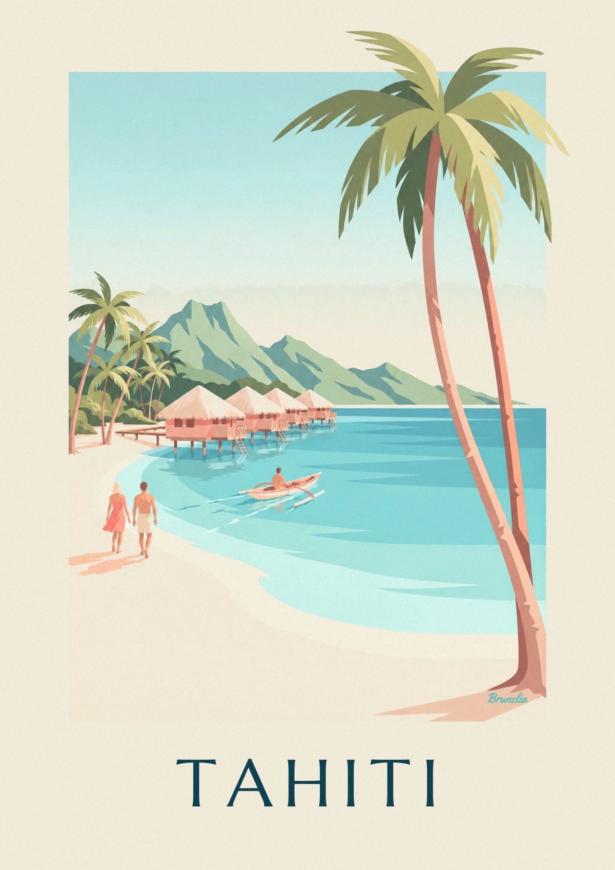 Affiche lagon tropical de Tahiti et bungalows sur pilotis