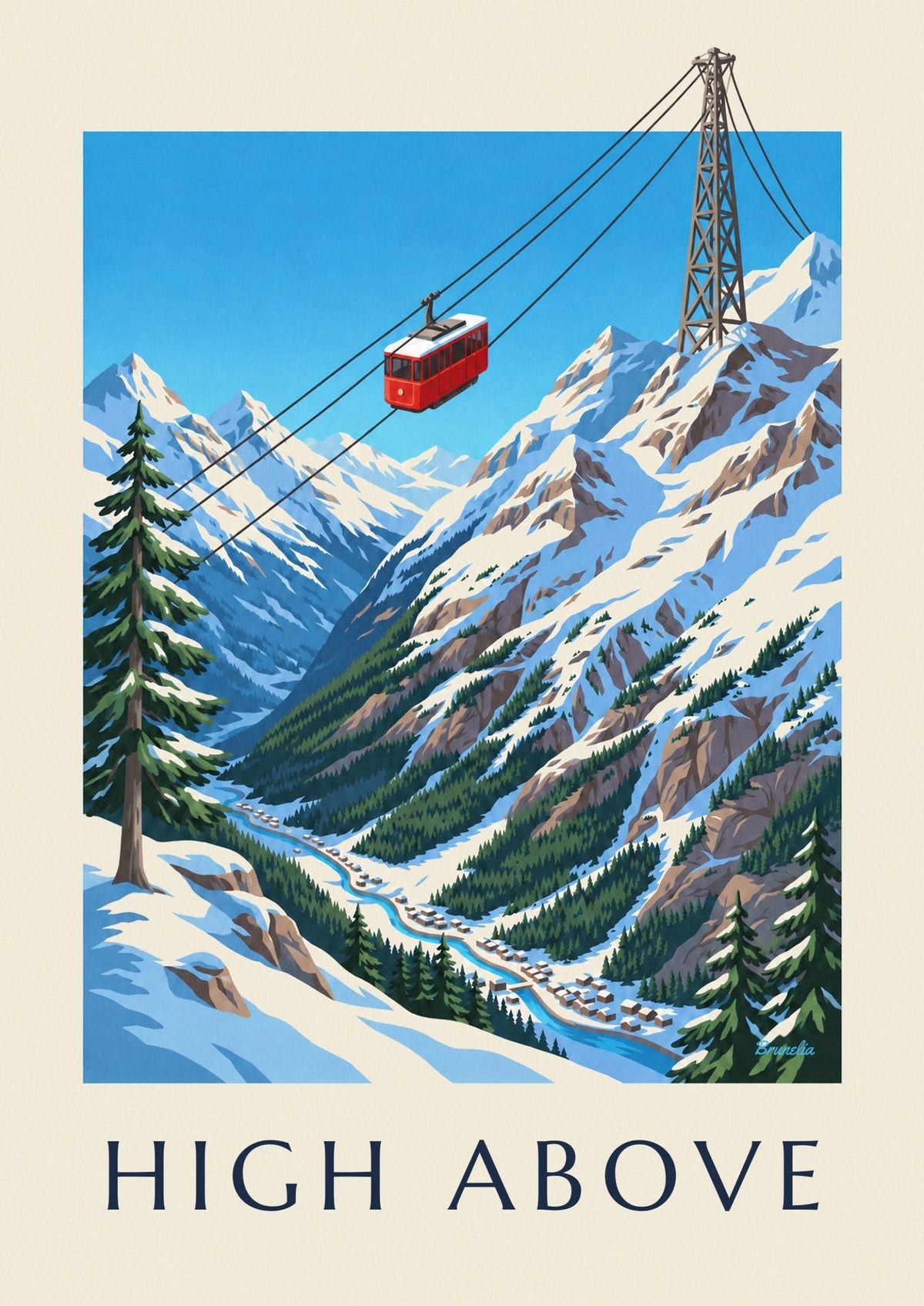 Affiche cabine de téléphérique rouge au-dessus des montagnes enneigées