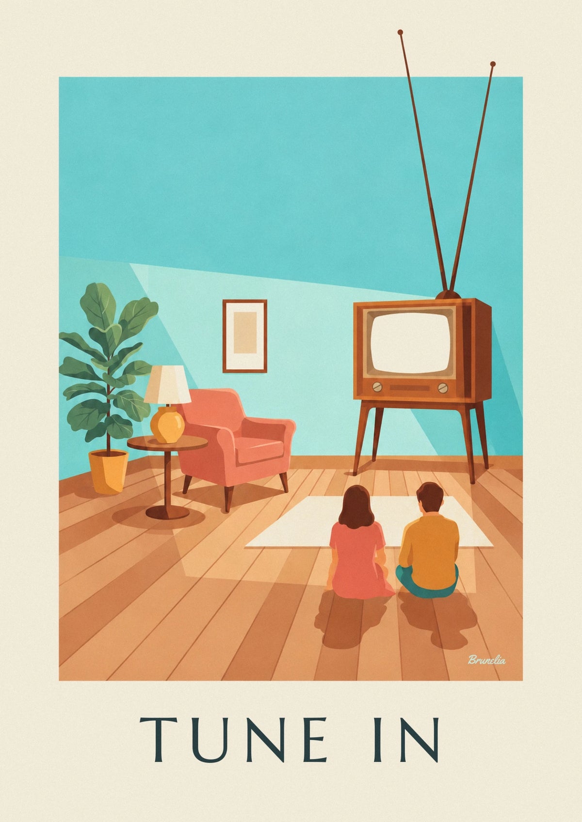 Affiche télévision en bois à antenne et boutons rotatifs