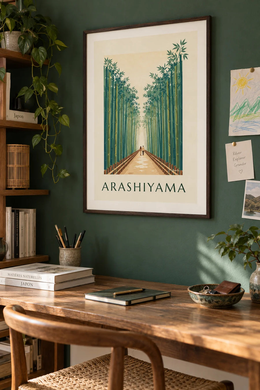 Affiche sentier de la bambouseraie d'Arashiyama à Kyoto : encadrée au mur
