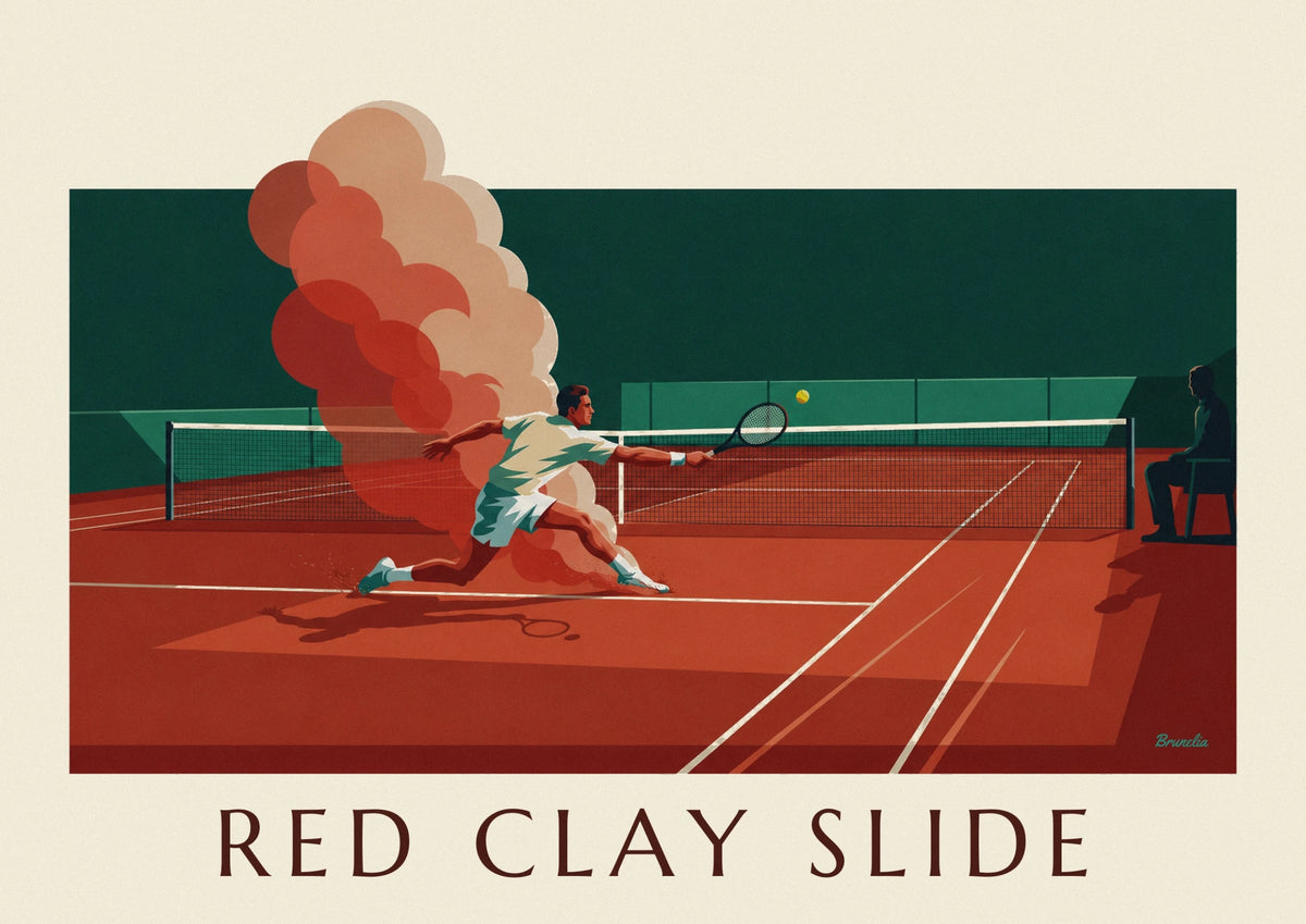 Affiche joueur de tennis en glissade sur terre battue