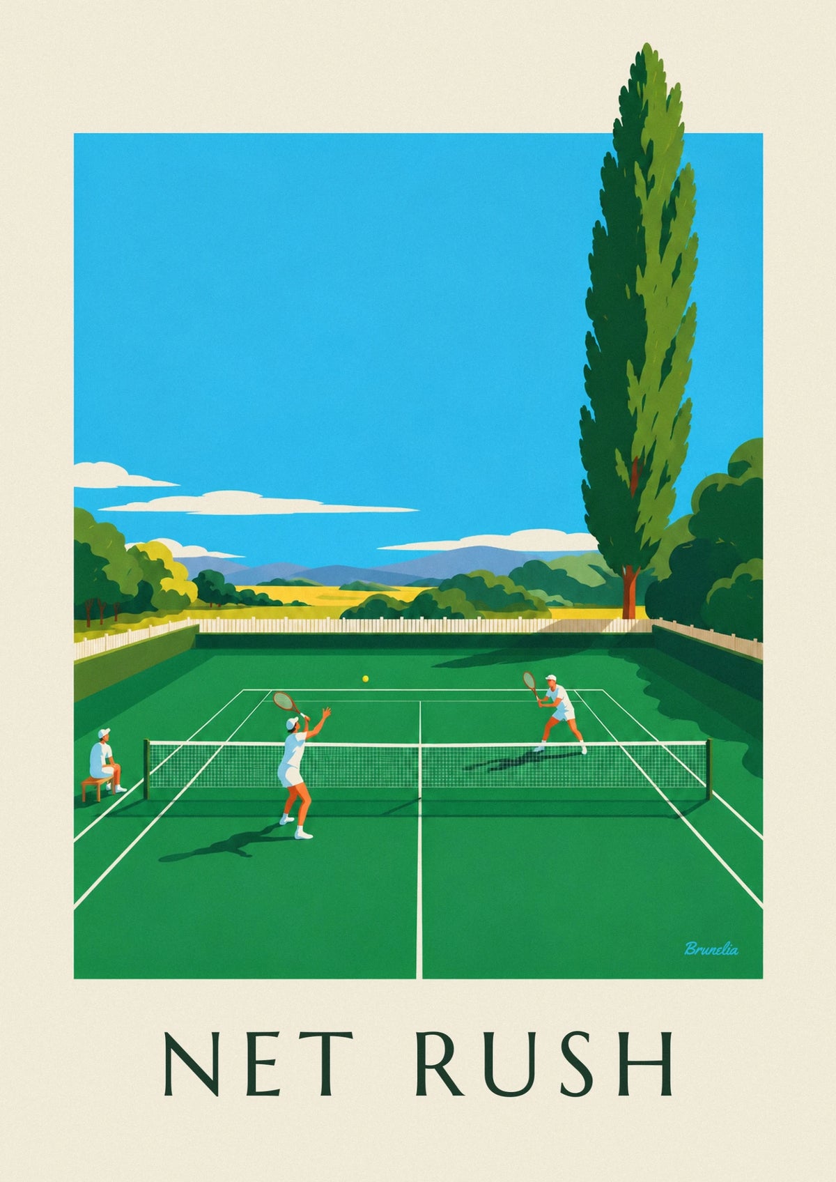 Affiche joueur de tennis à la volée au filet sur gazon