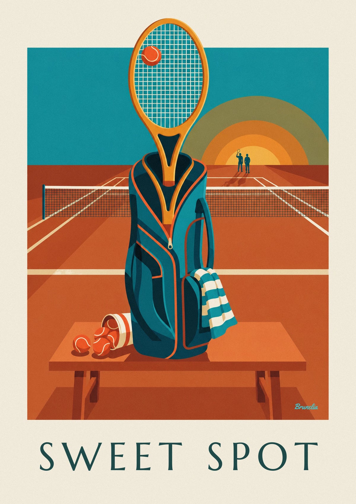 Affiche sac de tennis, raquette et balles au bord du court