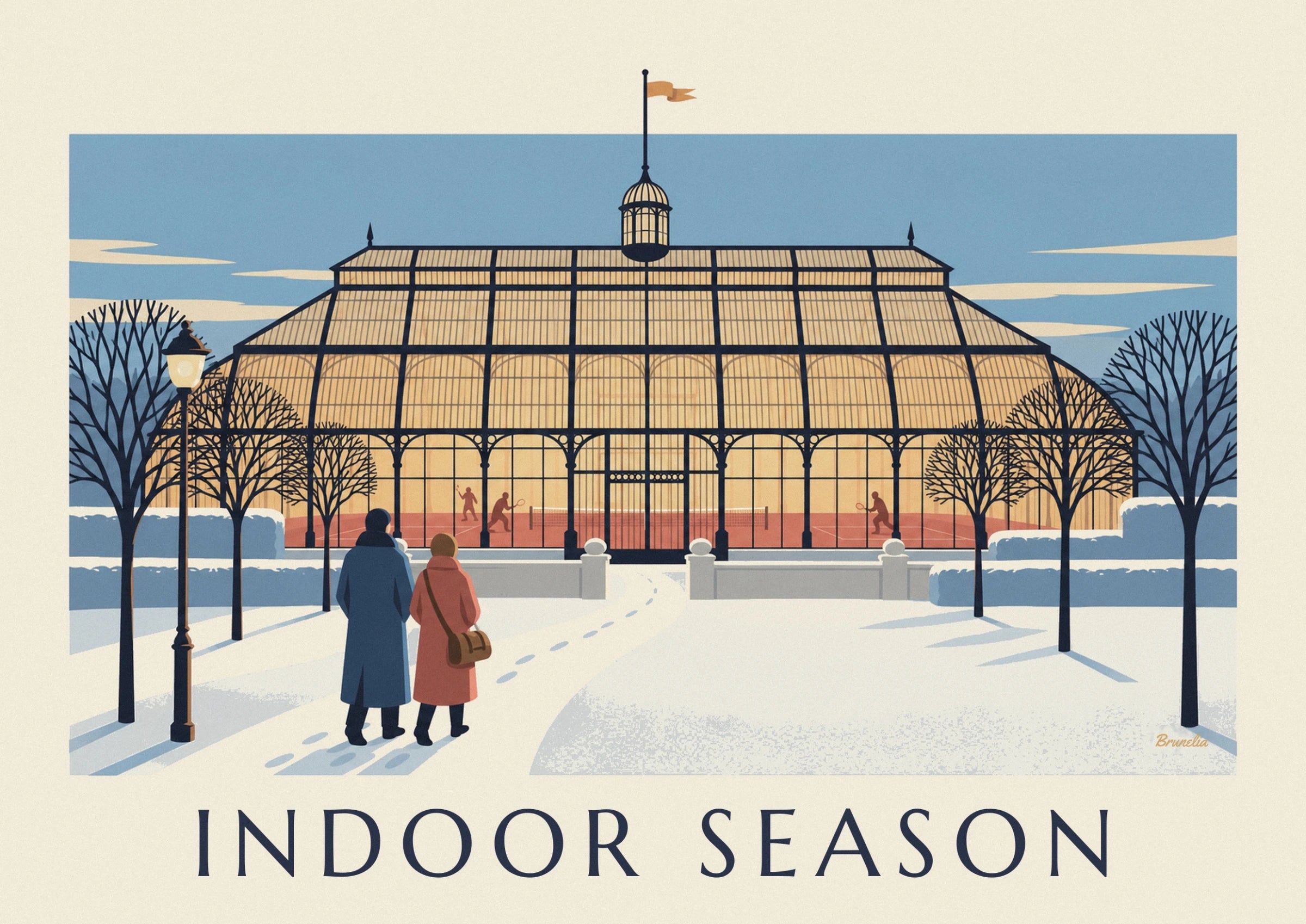 The golden façade of the glasshouse, its hanging lantern and the red tennis court