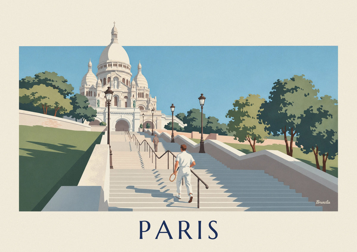 Affiche joueur de tennis gravissant les marches du Sacré-Cœur
