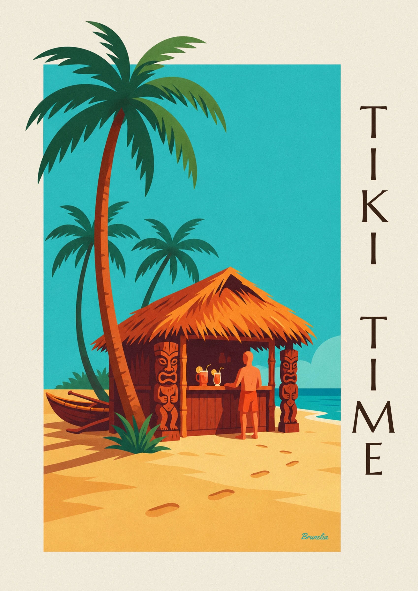 Cartaz de bar tiki tropical na praia com palmeiras: pormenor ampliado