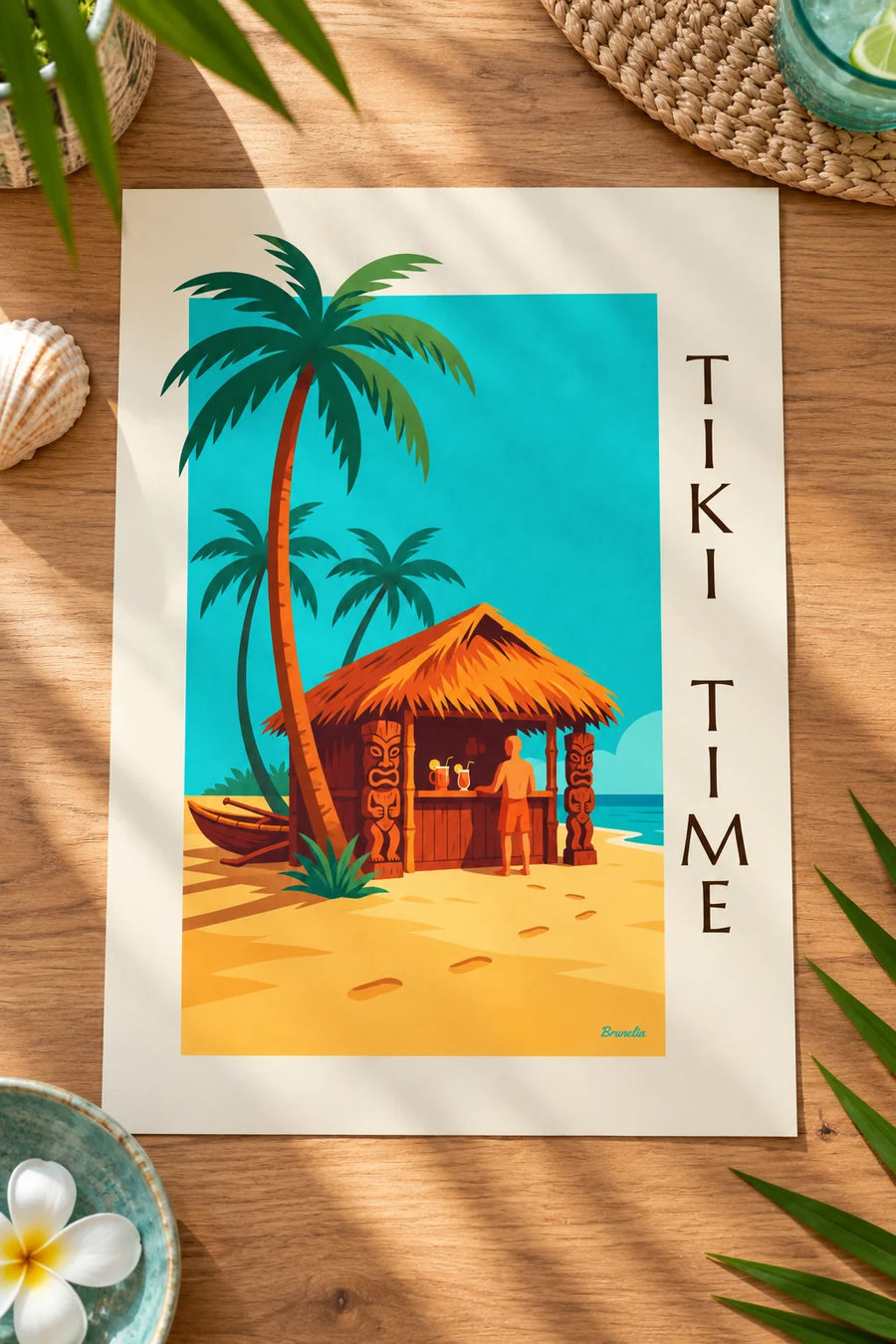 Affiche bar tiki tropical sur la plage et palmiers : posée sur une table