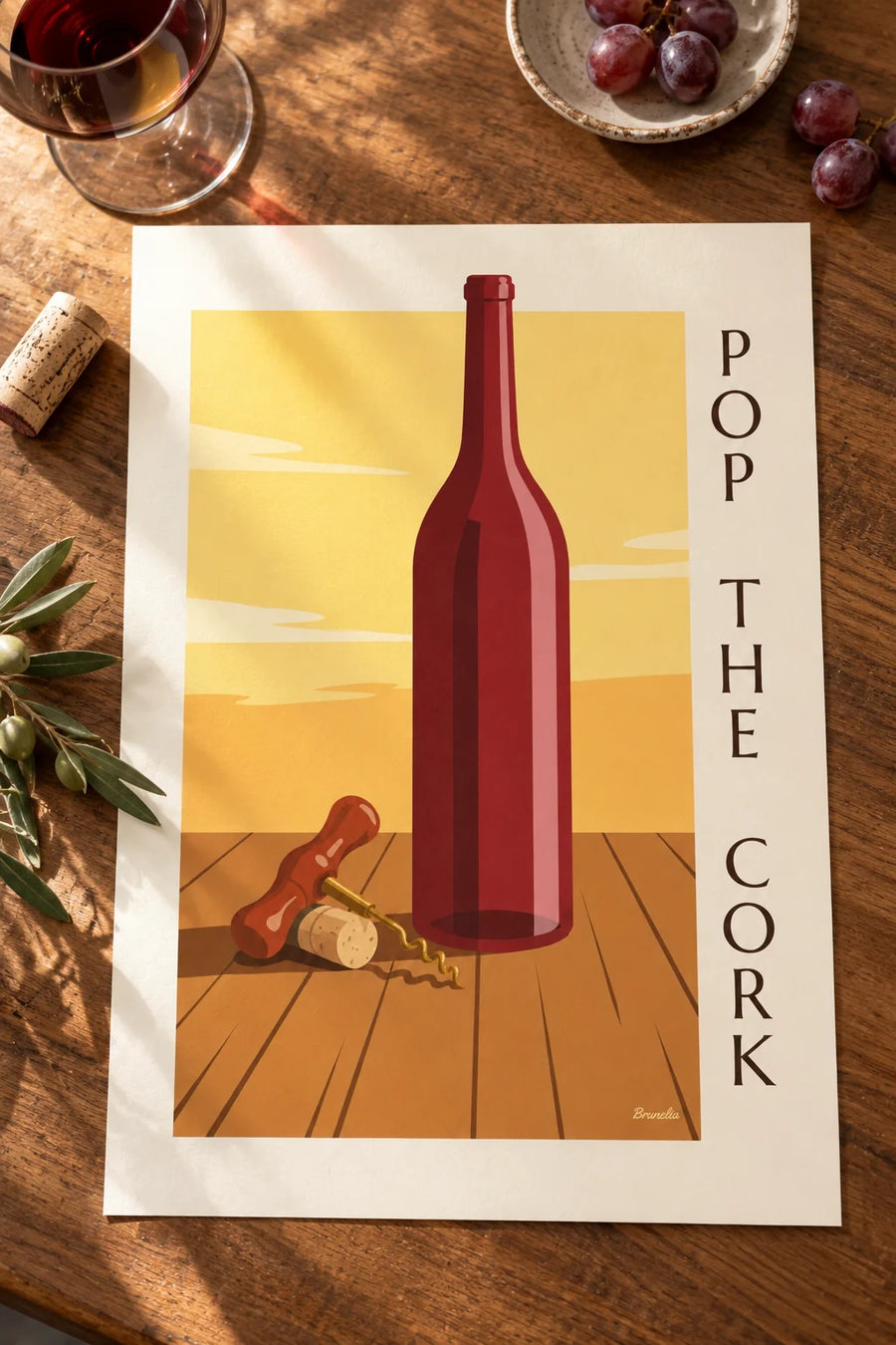 Affiche tire-bouchon ancien et bouteille de vin : posée sur une table