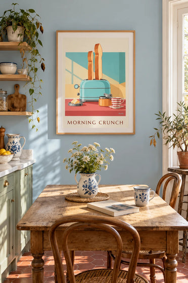 Affiche grille-pain turquoise et tartines dorées au petit-déjeuner : encadrée au mur