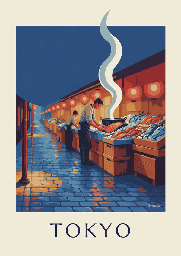 Affiche marché aux poissons de Tokyo sous les lanternes