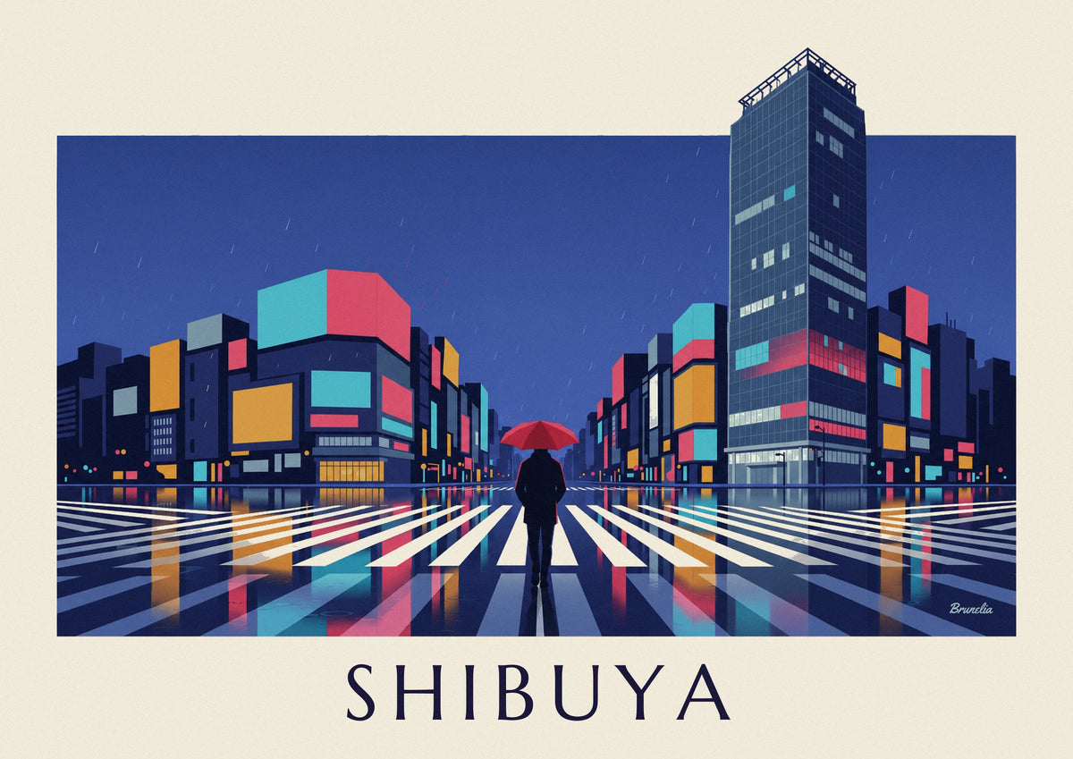 Affiche passage piéton de Shibuya la nuit sous la pluie