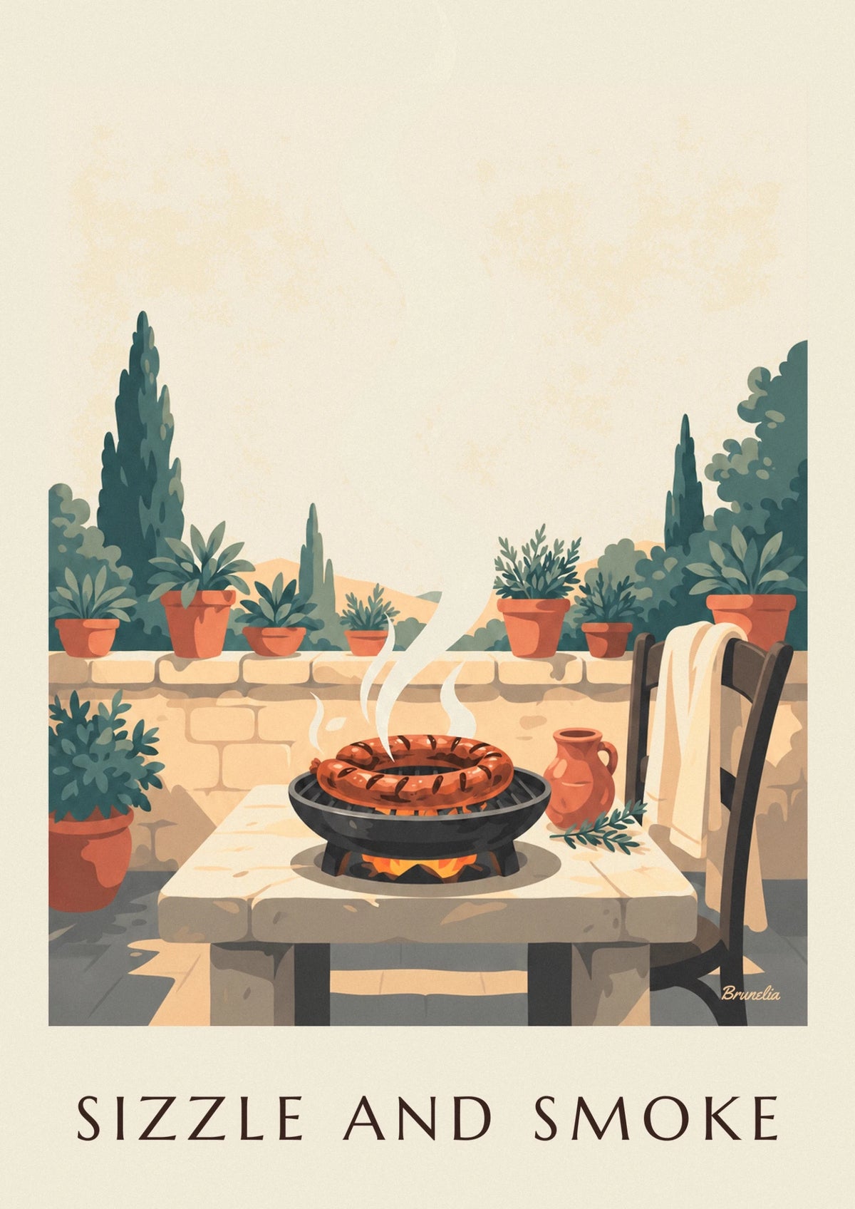 Affiche saucisse de Toulouse grillée sur la braise en terrasse
