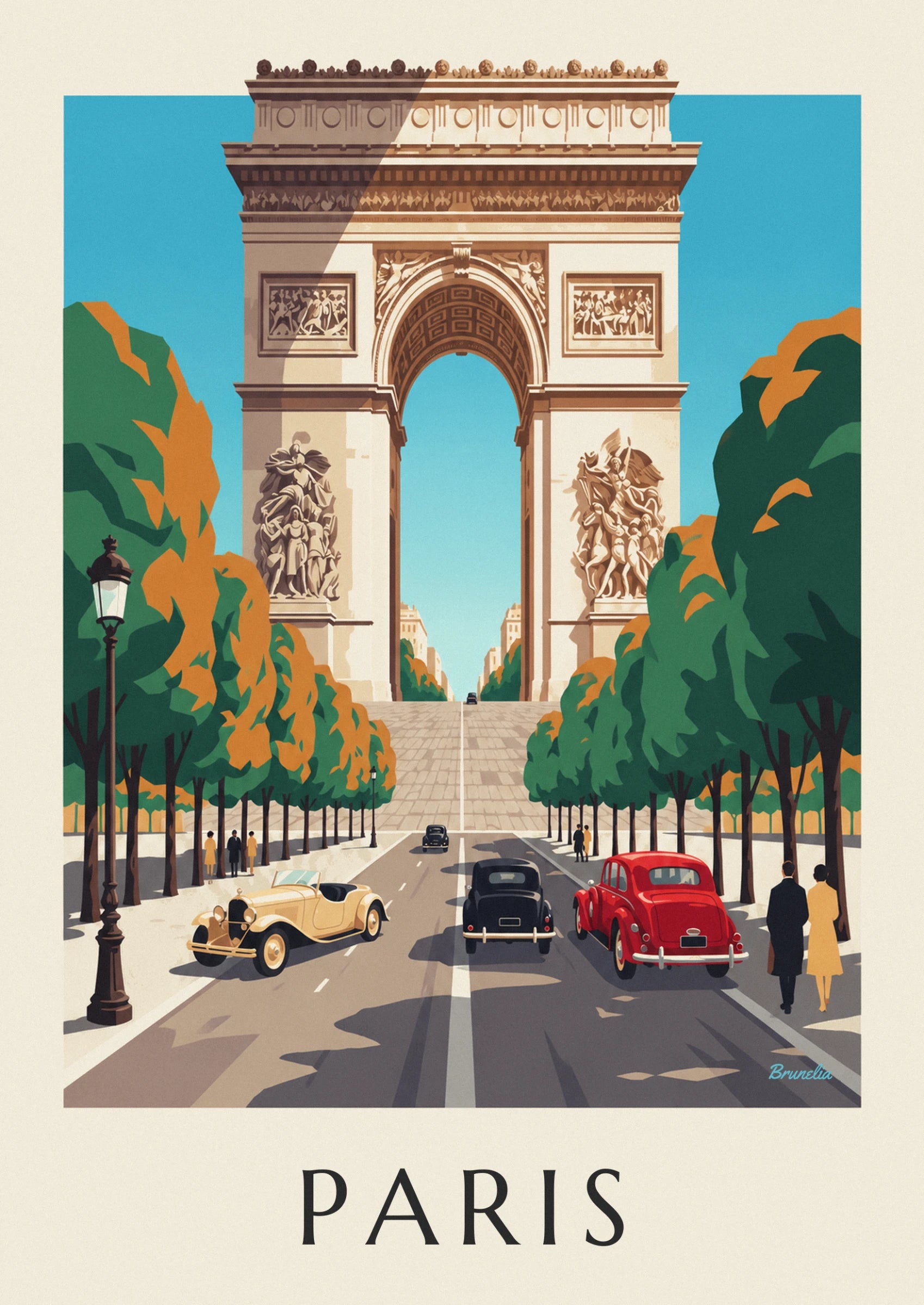 L'Arc de triomphe et ses grands bas-reliefs sculptés, sous un ciel bleu