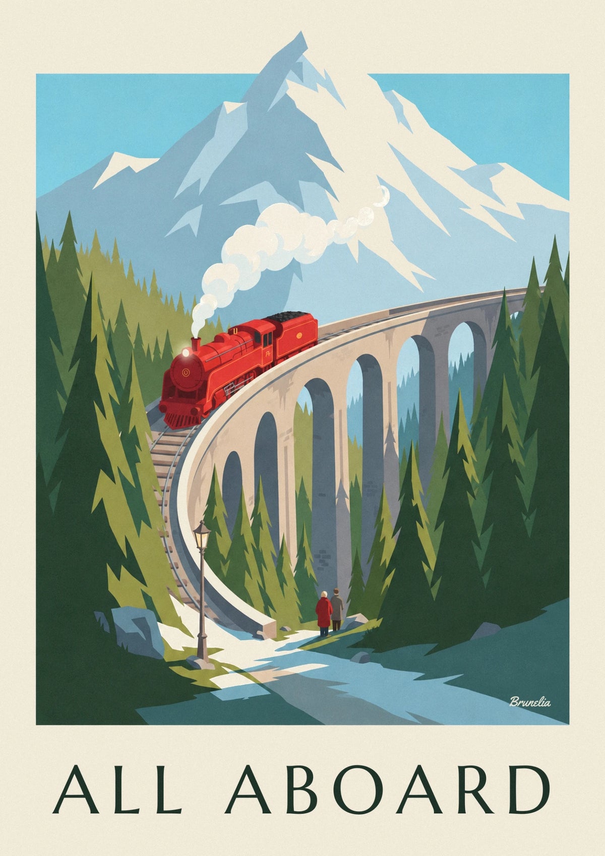 Affiche train à vapeur rouge sur un viaduc de montagne