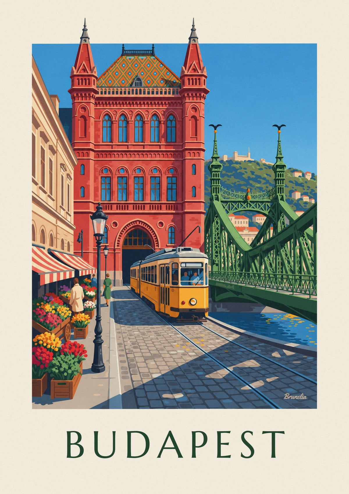 Affiche tramway jaune et pont de la Liberté à Budapest