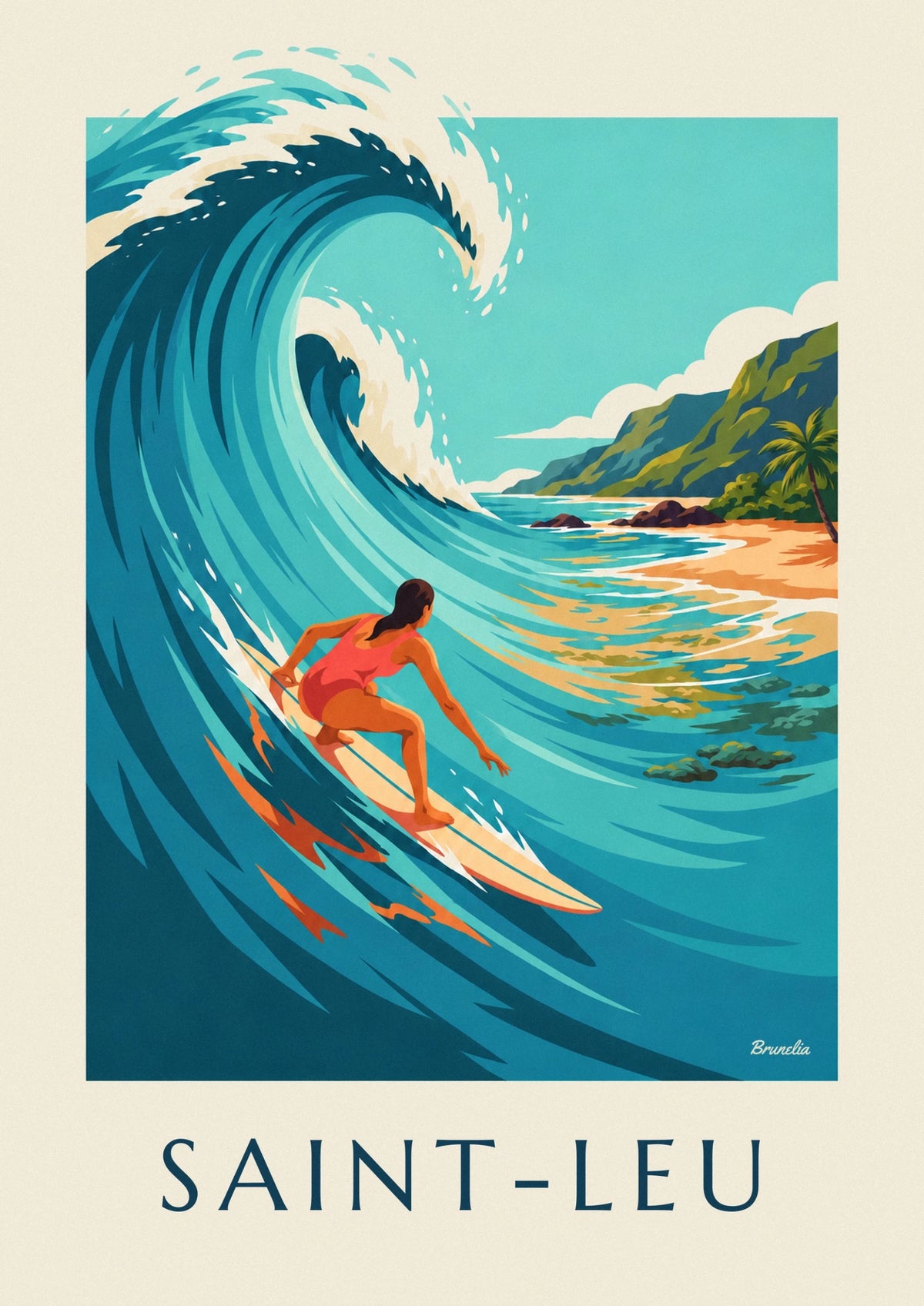 Affiche surfeuse sur le récif de Saint-Leu à La Réunion