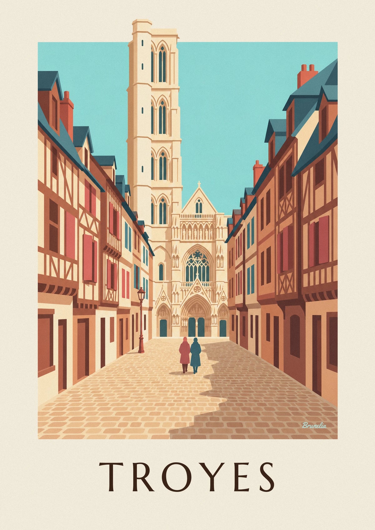 Affiche cathédrale de Troyes et rue médiévale