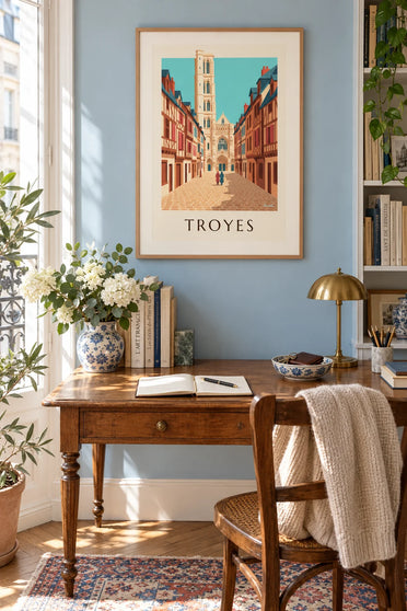 Affiche cathédrale de Troyes et rue médiévale : encadrée au mur