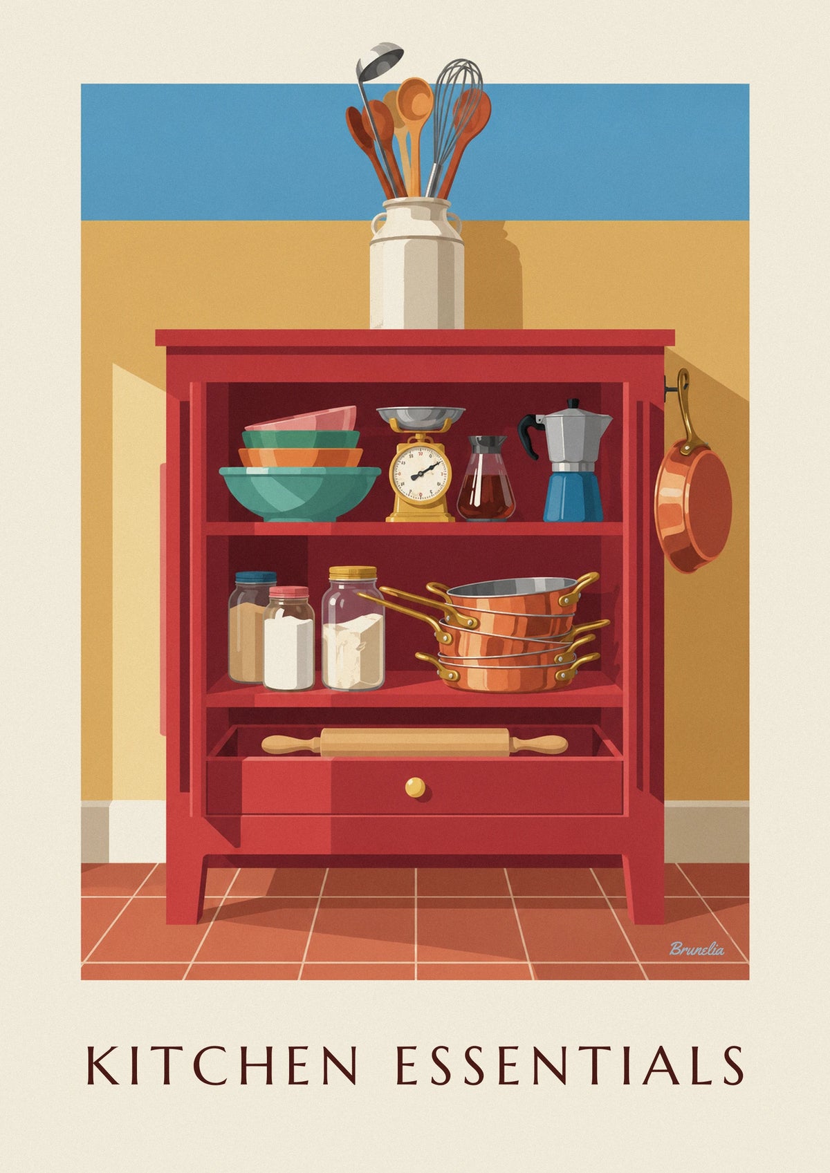Affiche buffet de cuisine rouge et ses ustensiles en cuivre